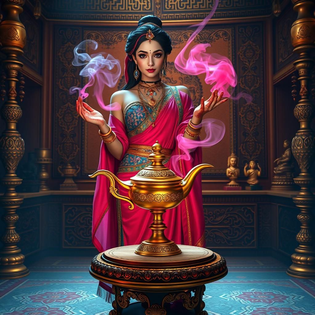 Exotic Genie in Opulent Arabian Palace