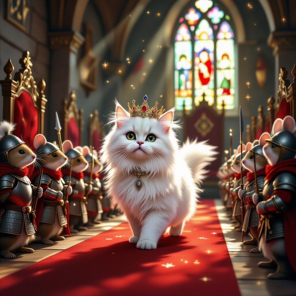 Fluffy Cat Princess Inspects Mouse Soldiers in Medieval Thro...