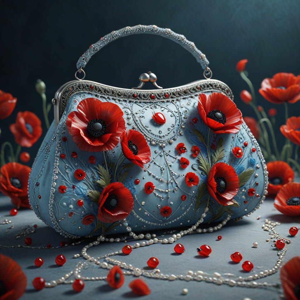 Intricate Poppy Purse on Lace Tablecloth