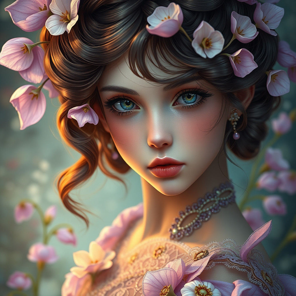Fantasy Flower Girl Portrait in Art Nouveau Style