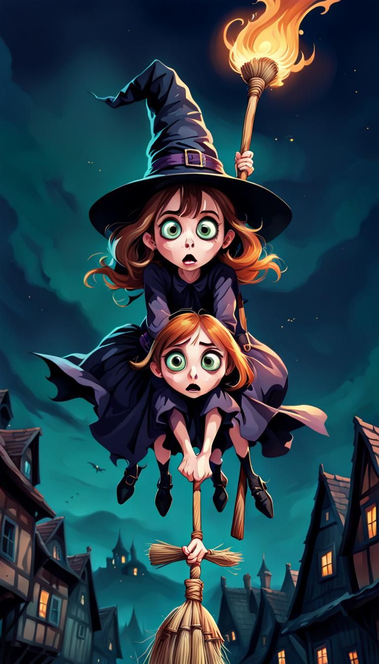 Scared Young Witch Flying Upside Down Over Town