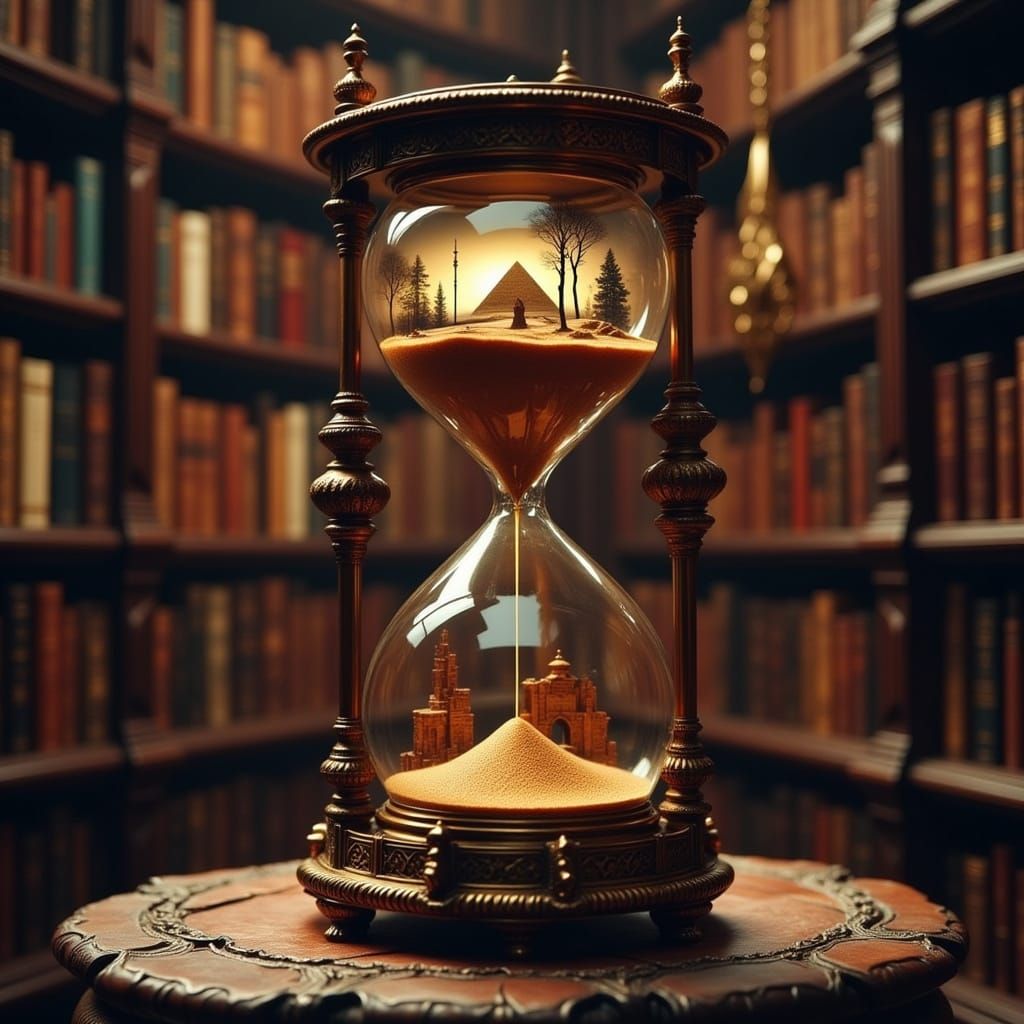 Steampunk Hourglass in Mystical Library
