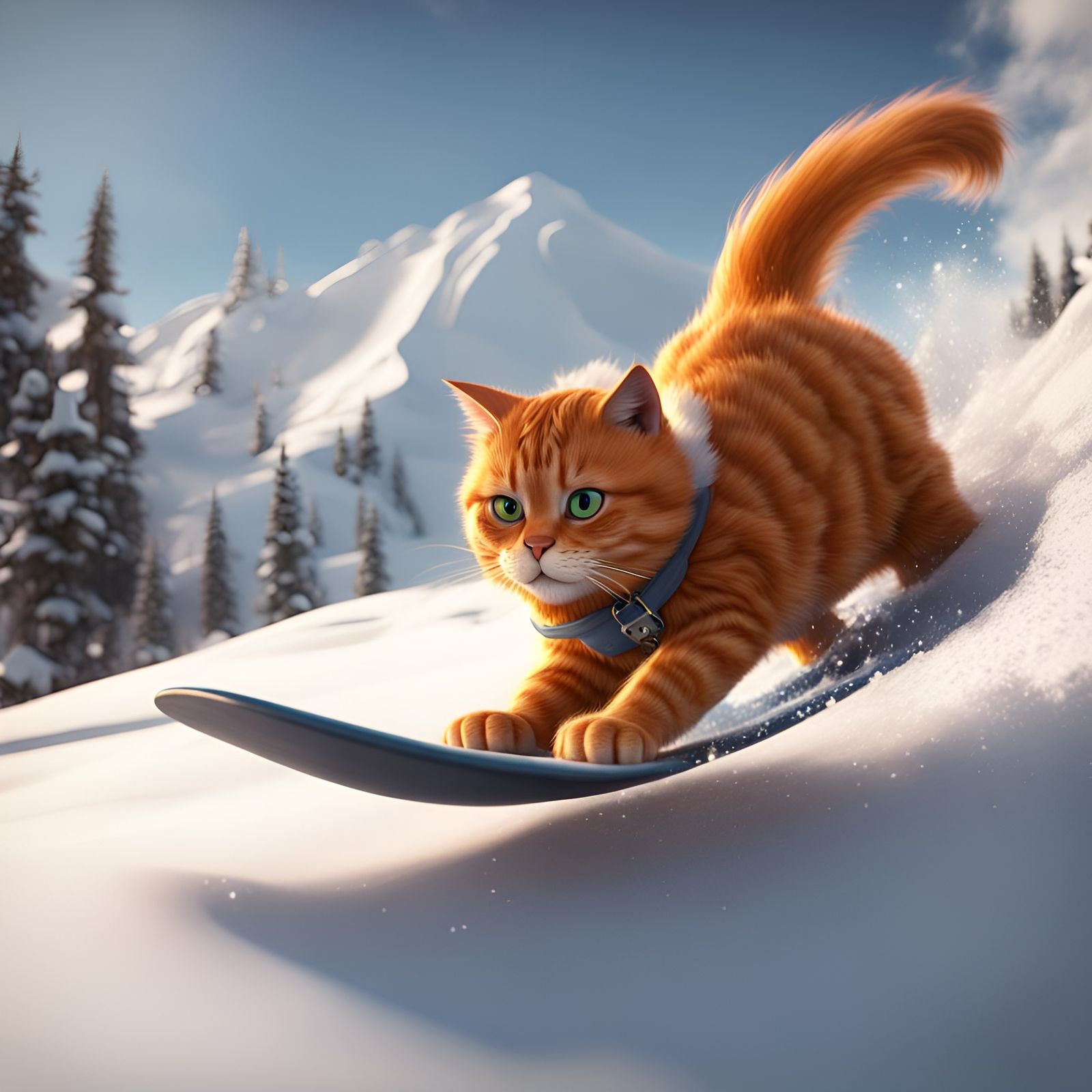 Orange Cat Snow Surfing in Rocky Mountains