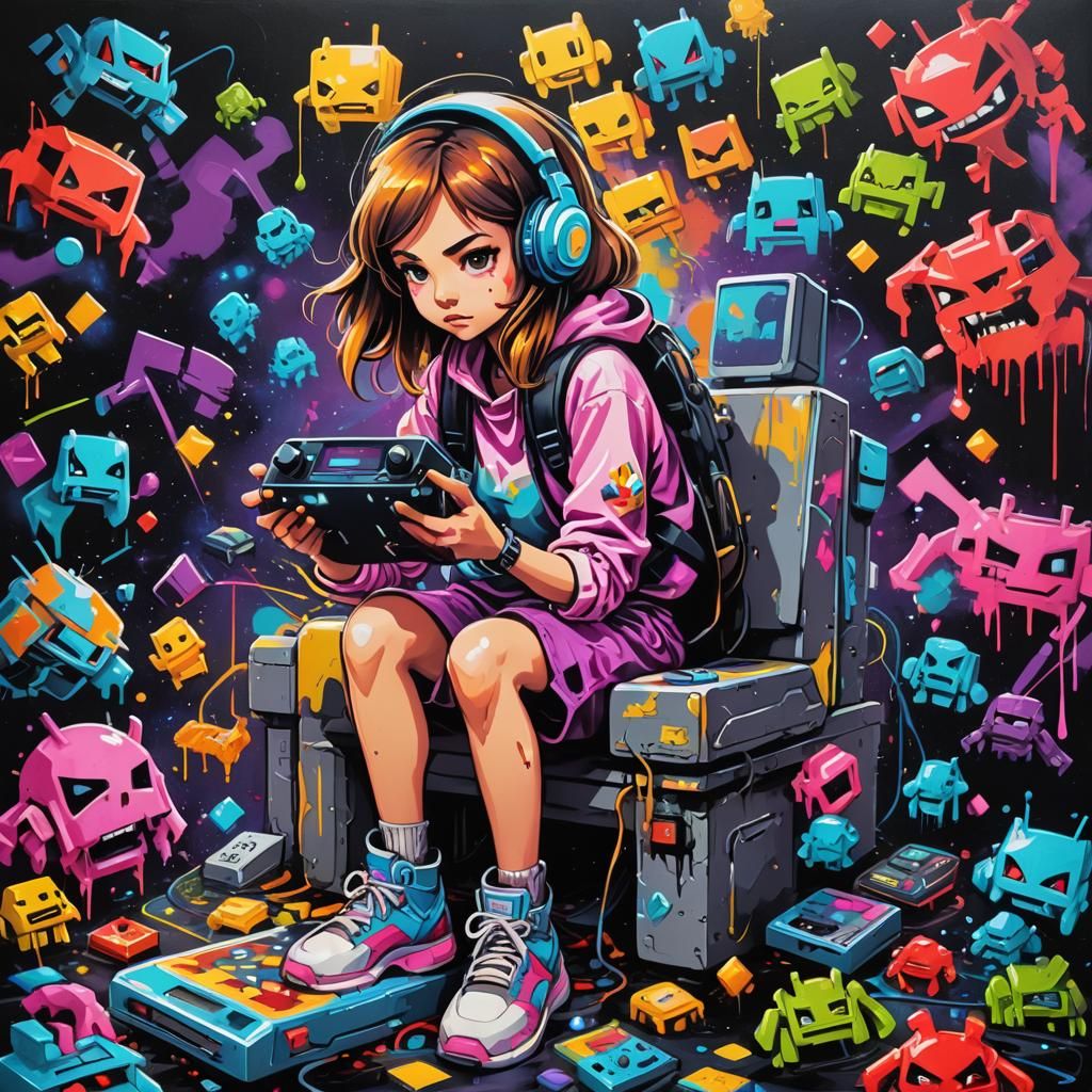 Girl Playing Retro Video Game in Graffiti Art