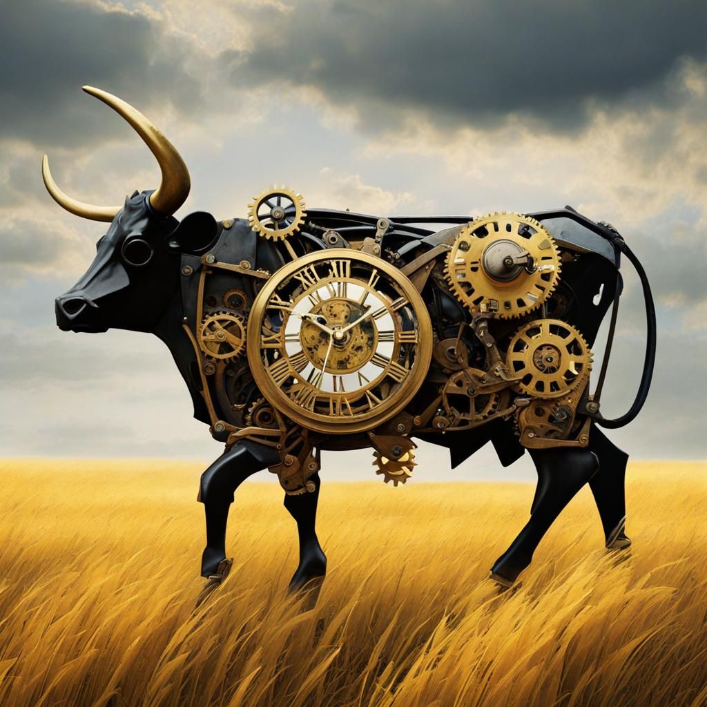 Clockwork Cow in Clockpunk Style on Market Day