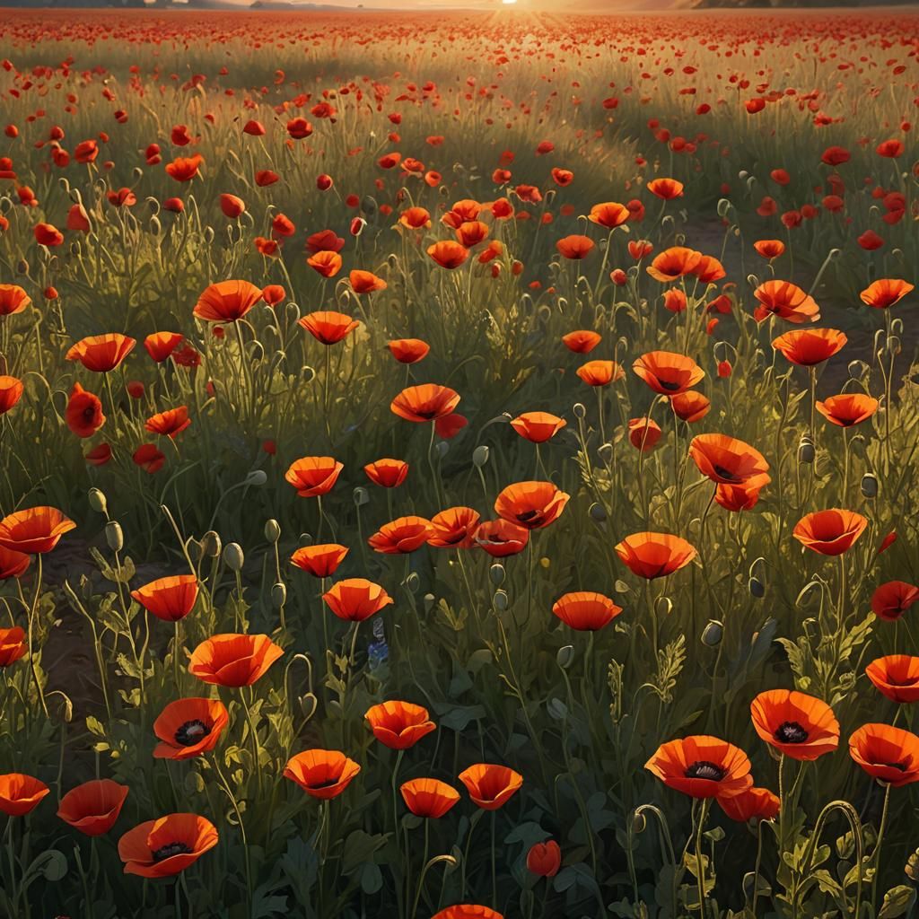 Vibrant Poppy Field at Sunset: Fantasy Concept Art