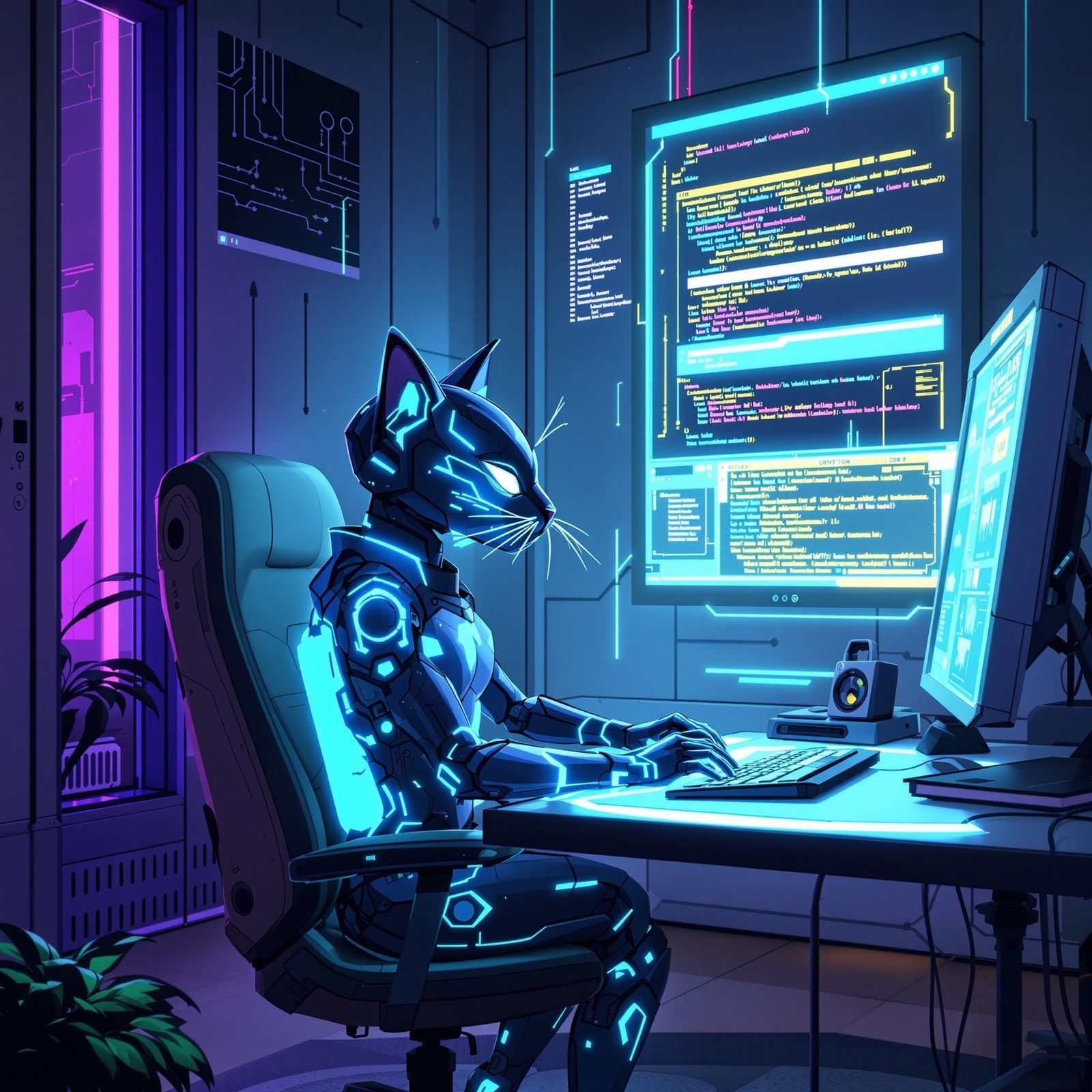 Futuristic Cartoon Cat Coding in Cyberpunk Style