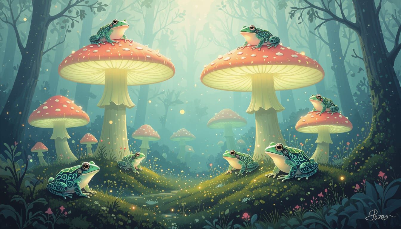 Surreal Forest With Luminous Mushrooms and Bioluminescent Fr...