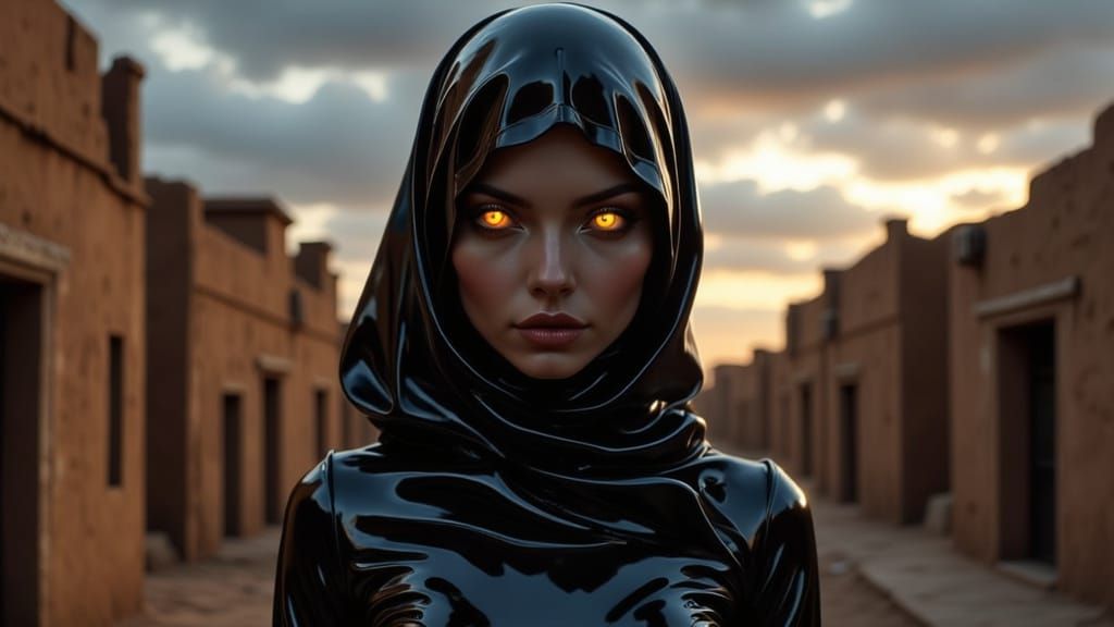 Woman in Liquid Latex Burqa in Arabian Street at Dusk