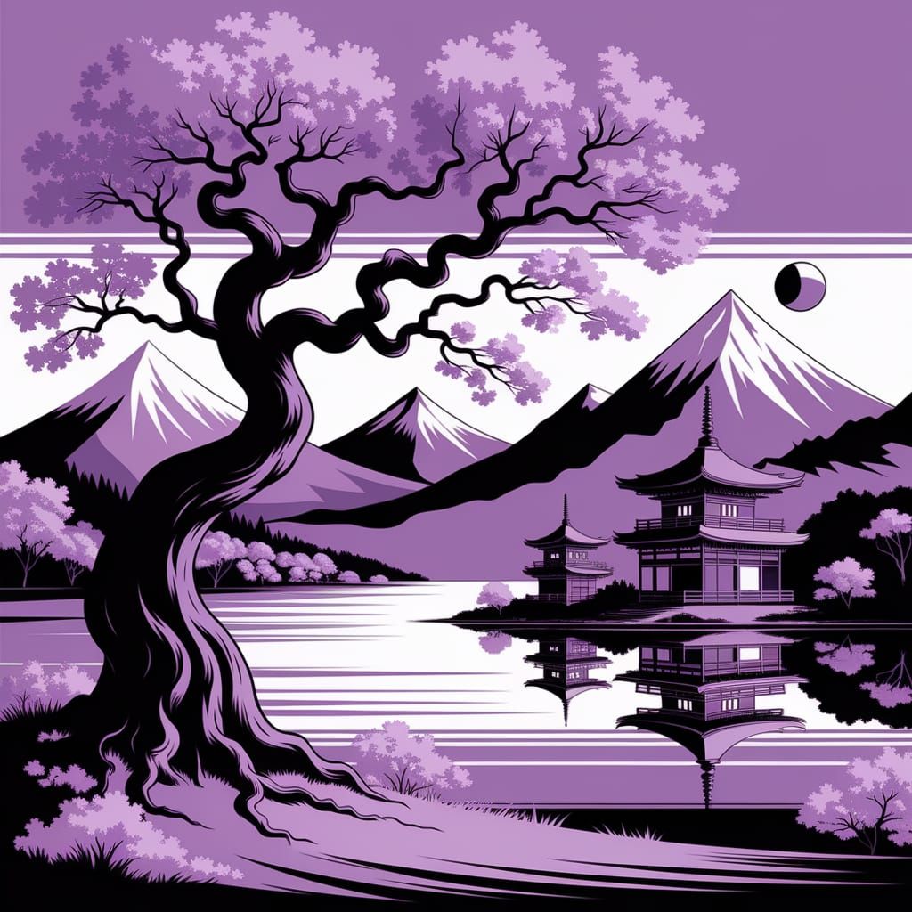Ancient Sakura Tree Amidst Japanese Temples and Mountains