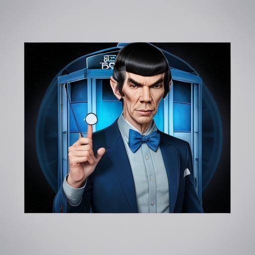 Spock, blue button up shirt, bow tie, tardis