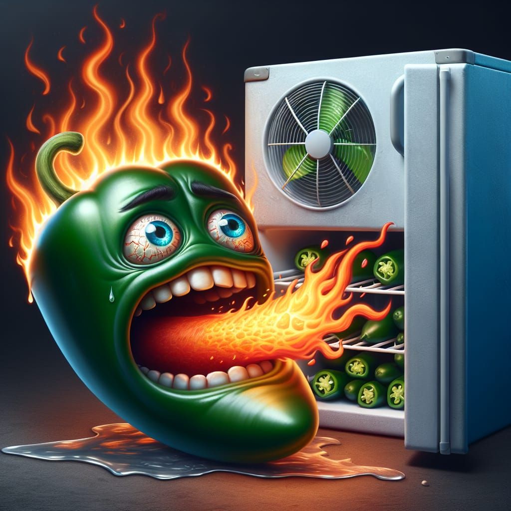jalapeno pepper with eyes wide in pain, mouth is open and fu...