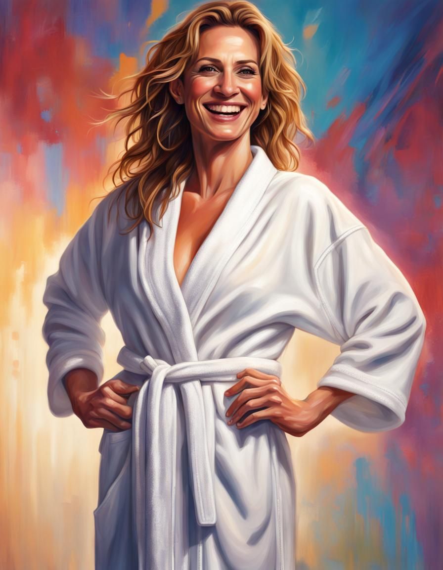 Julia Roberts Smiling in Bathrobe, Hyperrealistic Art