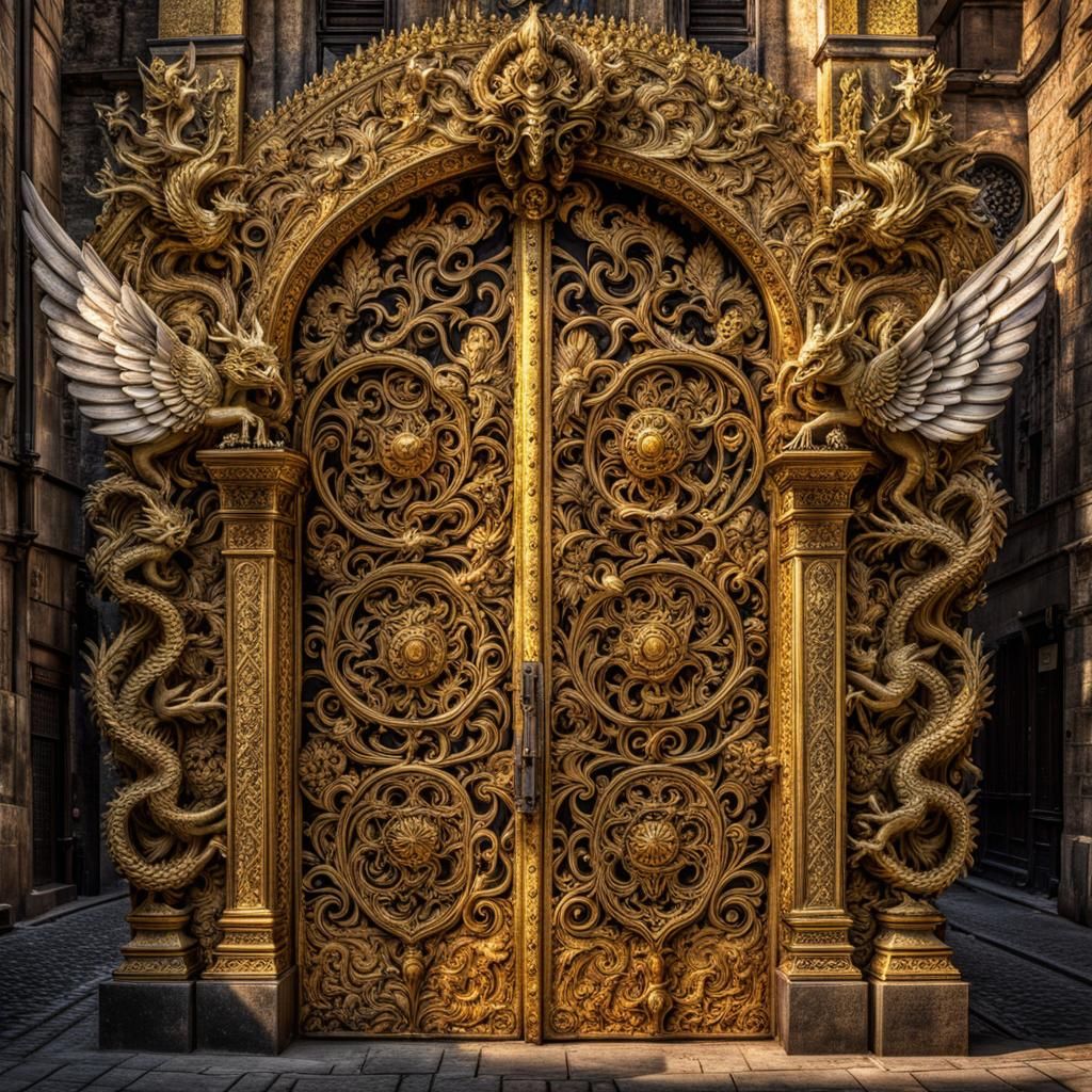 Eerie Pearly Gates with Angels and Dragons