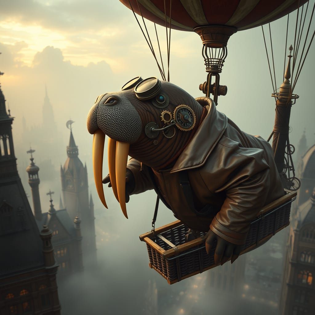 Steampunk Walrus Soaring Over Victorian Cityscape