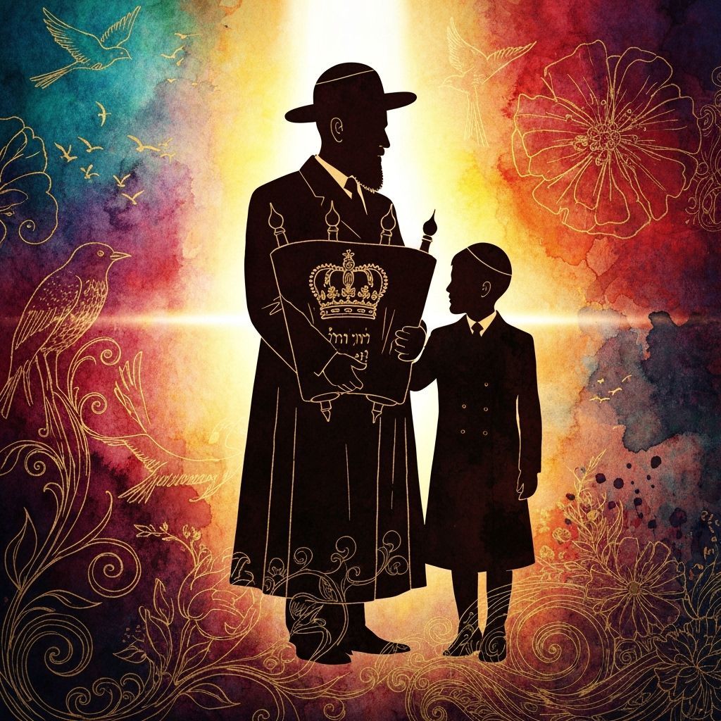 Chasidic Father and Son Holding Torah Scroll