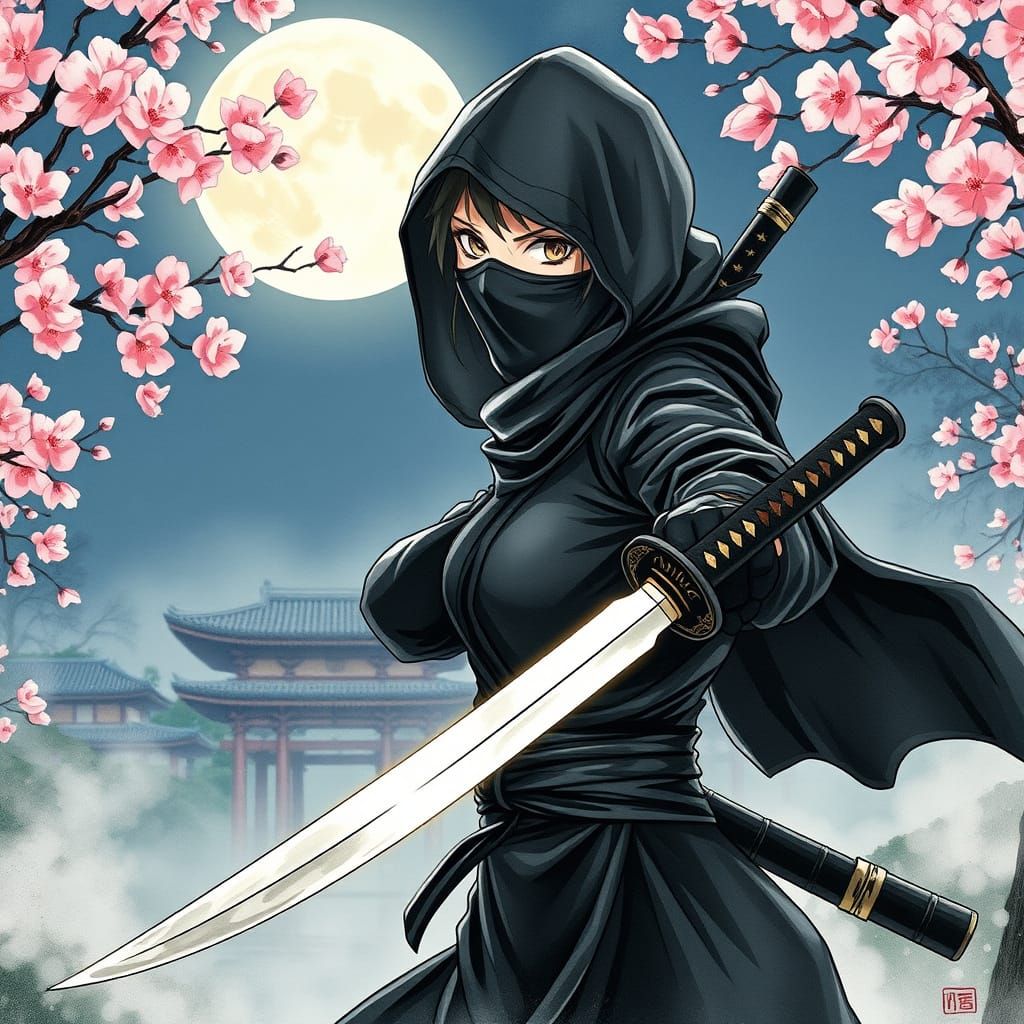Female Ninja in Moonlit Japanese Garden