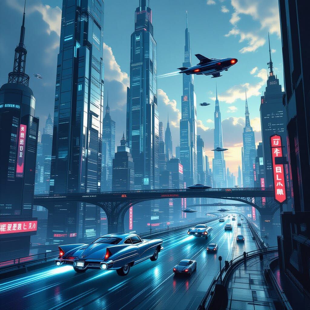 Retro-Futuristic Cityscape: 1950s Sci-Fi B-Movie Style
