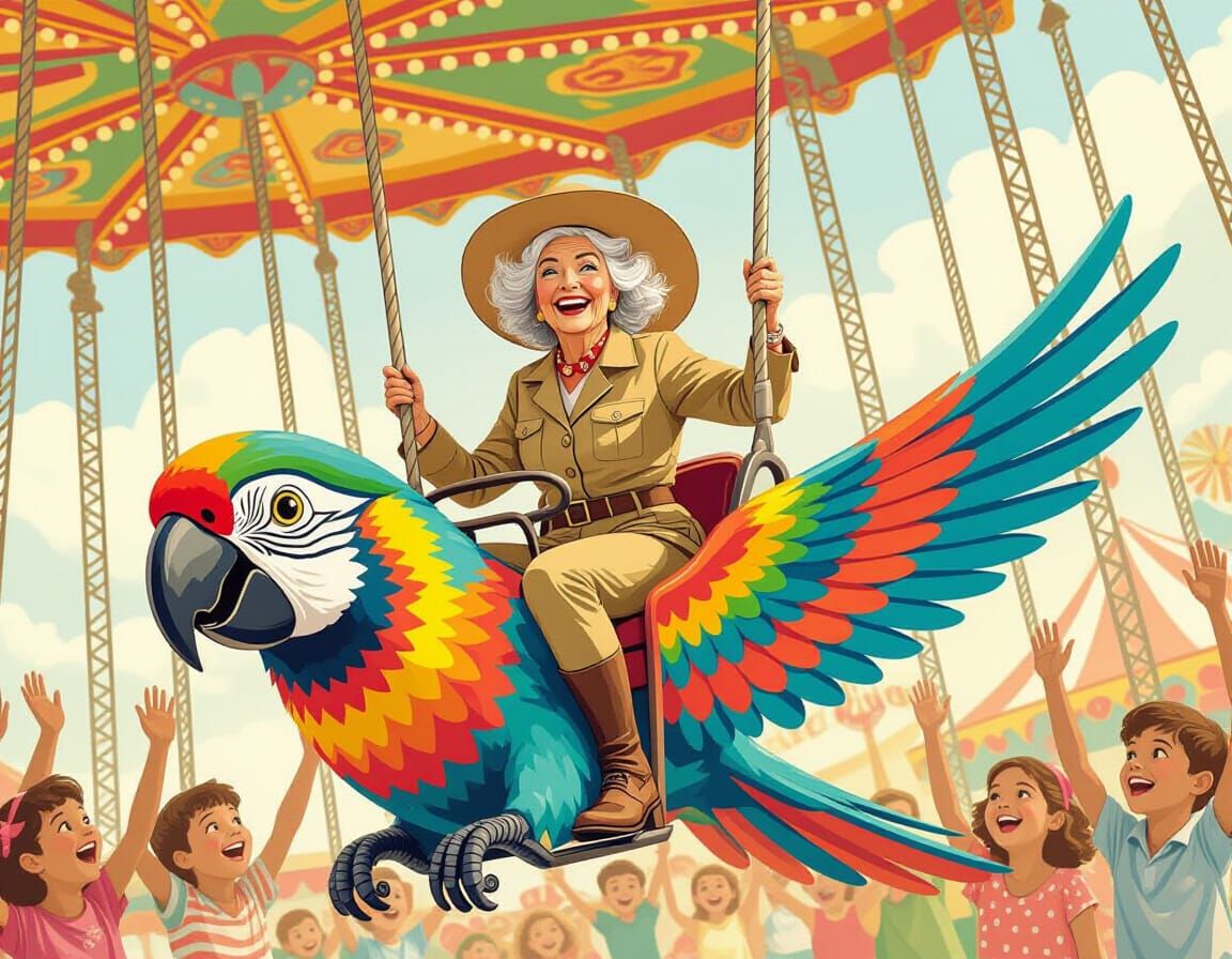Whimsical Carnival Ride: Older Woman's Joyful Adventure