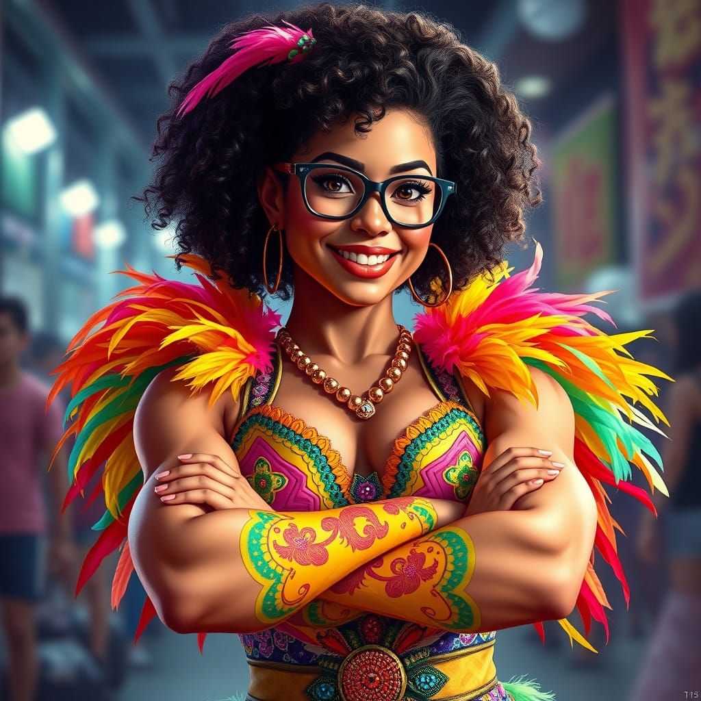Confident Woman in Vibrant Lucha Libre-Inspired Costume