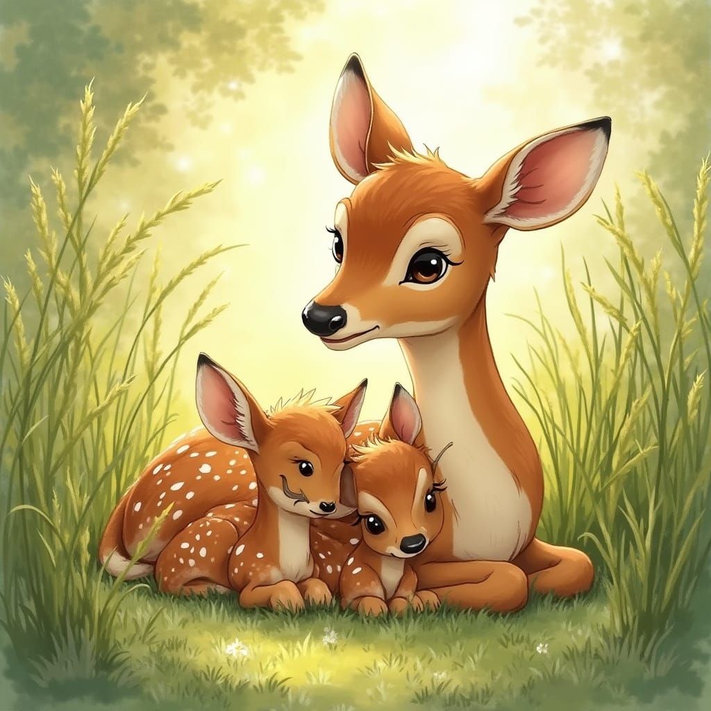 Mother Deer and Fawns in a Whimsical Meadow