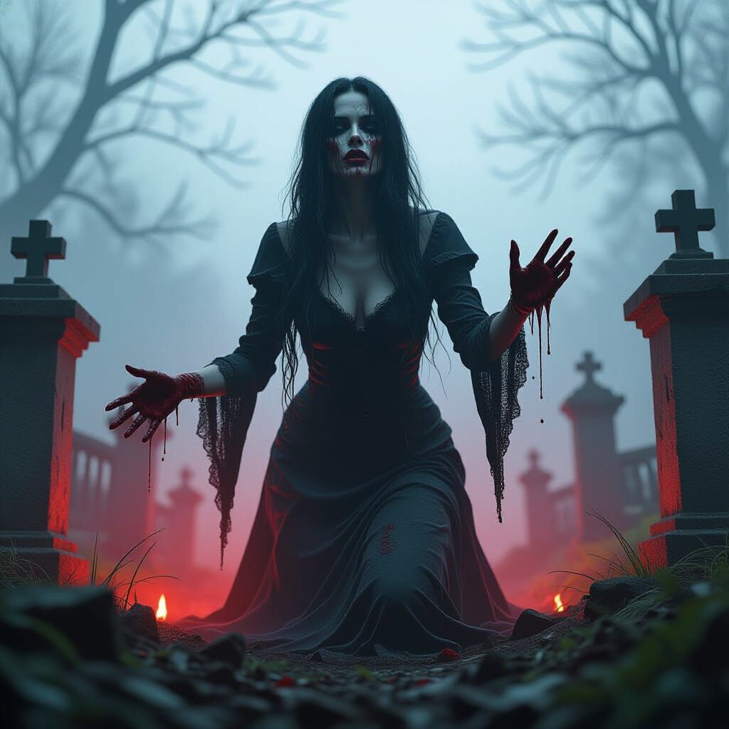 Undead Woman Rises from Grave in Gothic Double Exposure