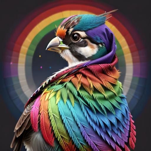 Sparrow Bird Wearing Rainbow Shawl