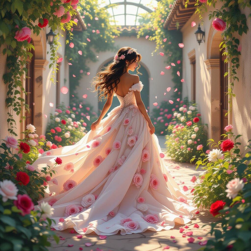 Floral Princess in Sunlit Courtyard, Anime Style