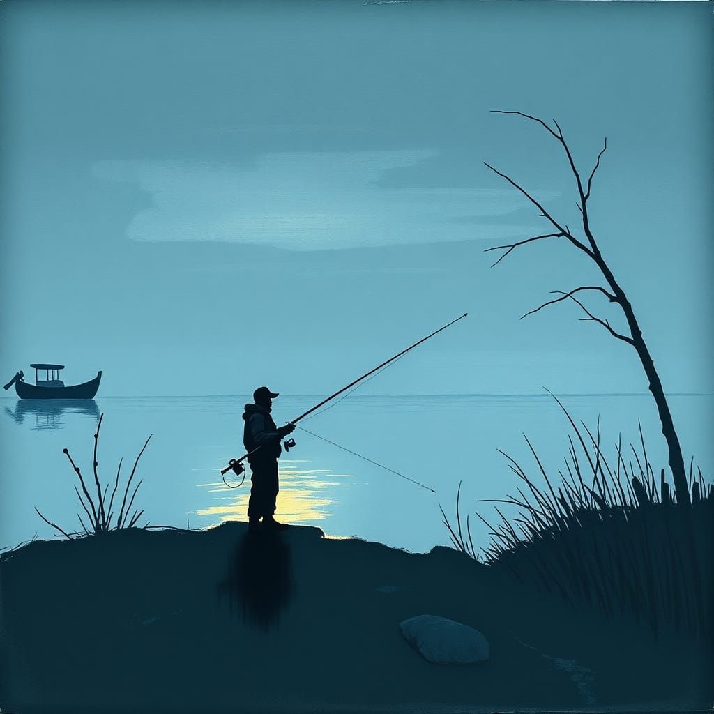 Man Fishing by Creek in Impasto Style