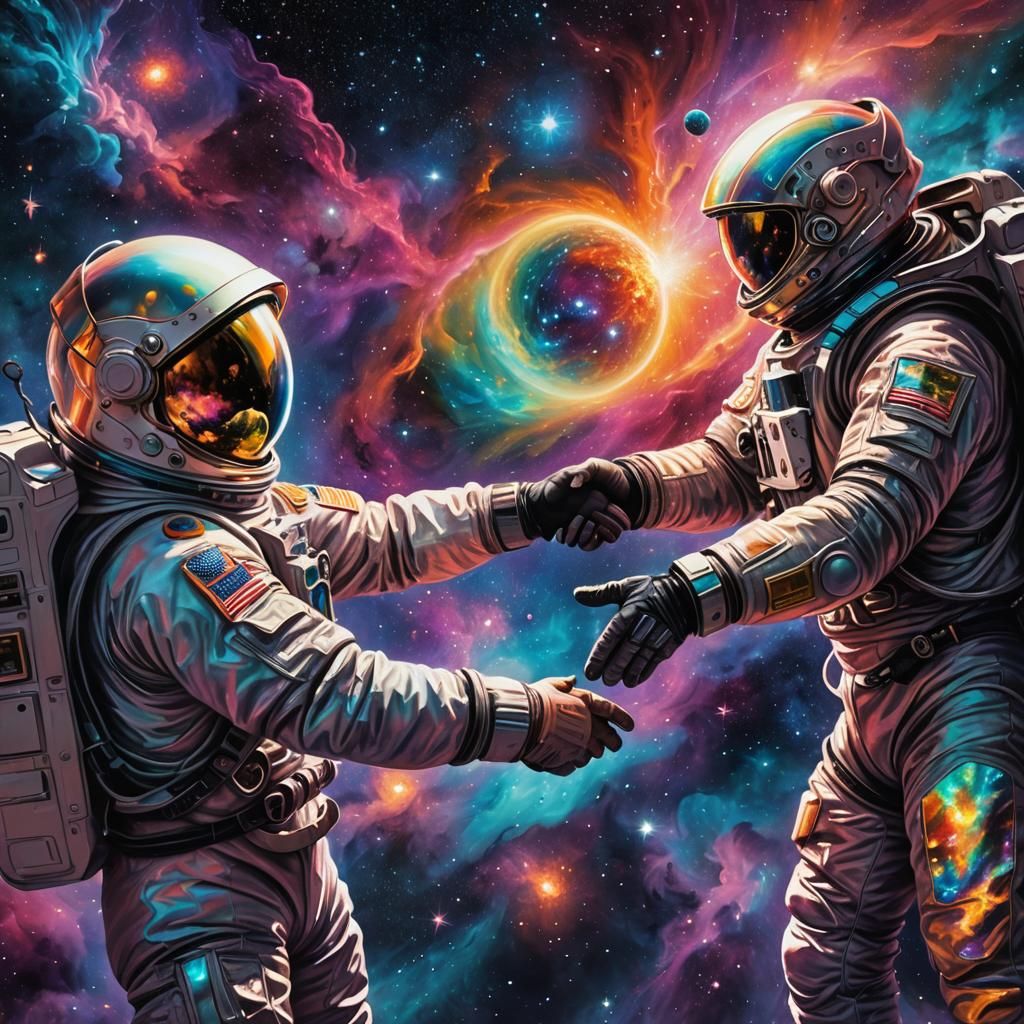 Astronaut and Alien Handshake in Cosmic Astral Art