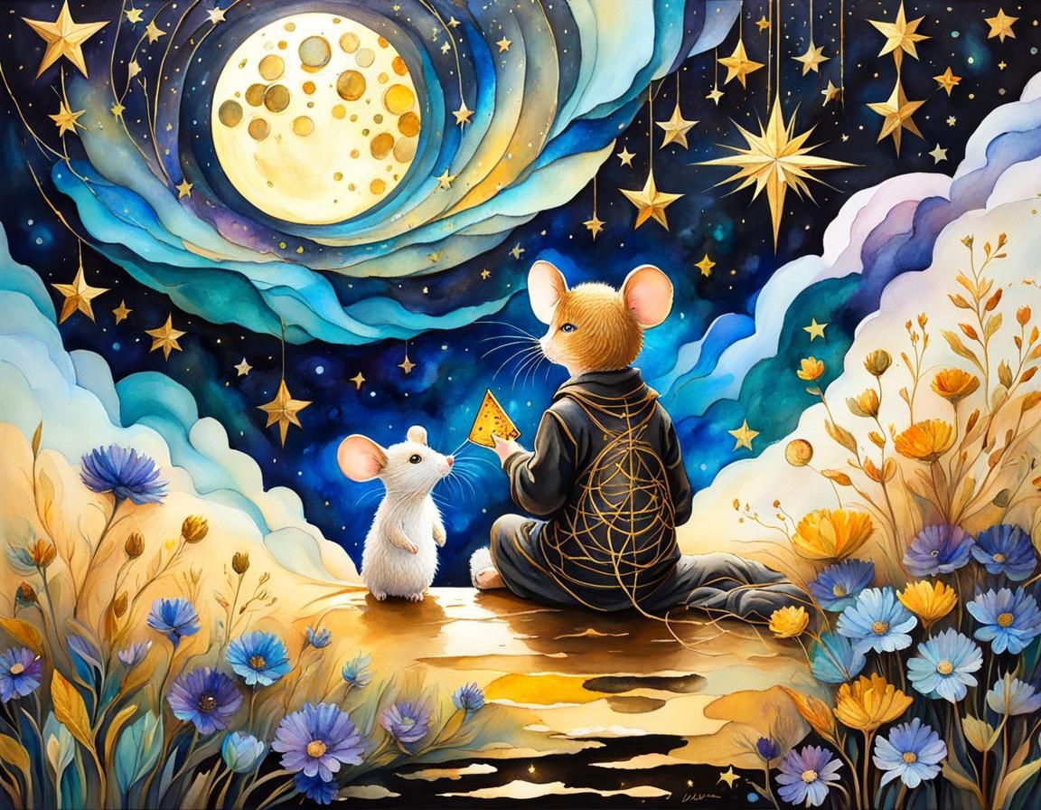 Boy and Mouse Gaze at Starry Sky as Gouache Painting