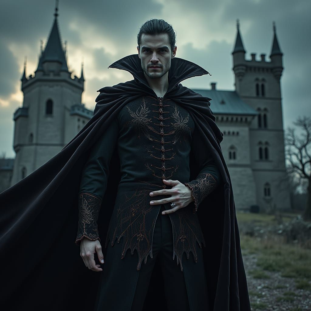 Brooding Vampire in front of Gothic Castle