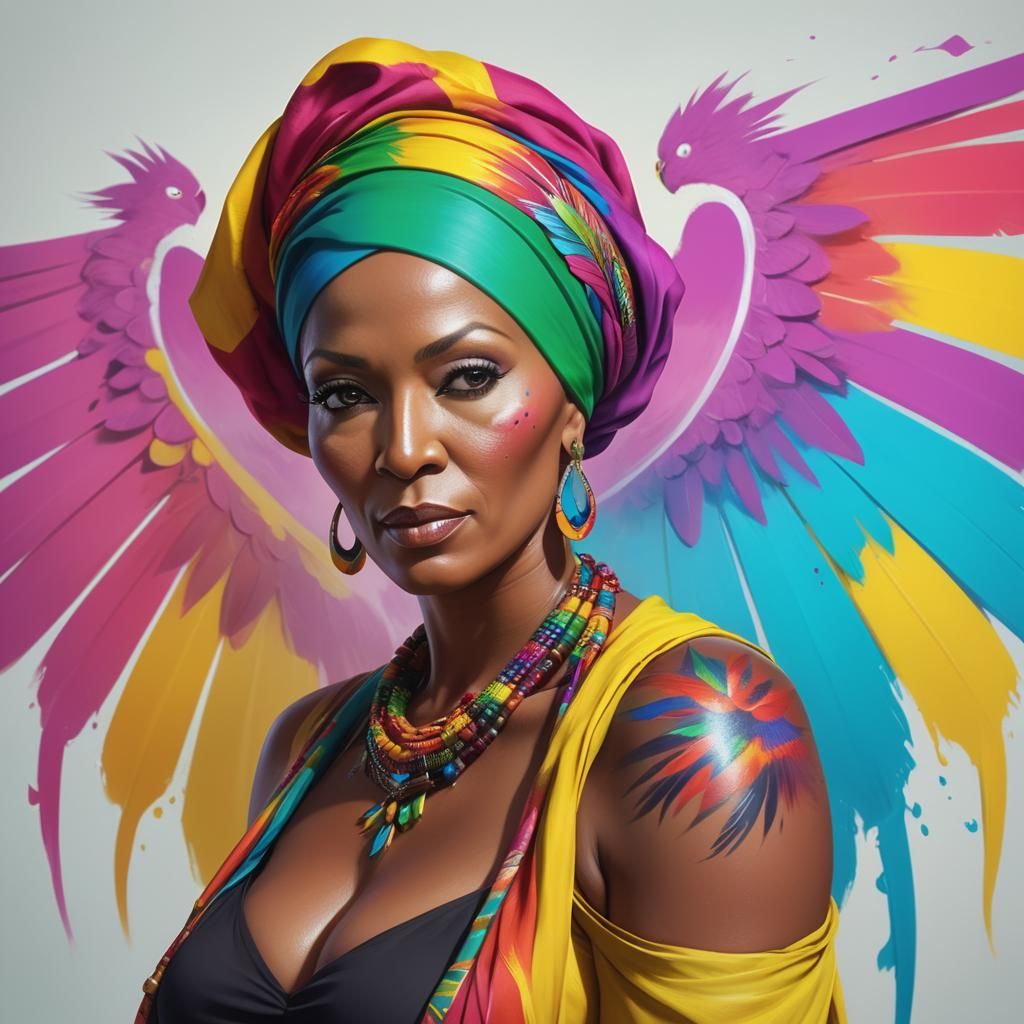 Curvy mature American woman, in colourful West Indian clothe...