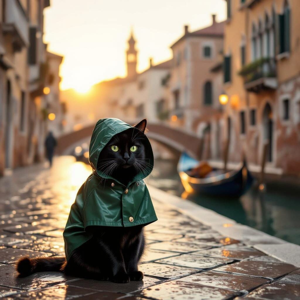 Black Cat in Green Raincoat at Italian Sunrise