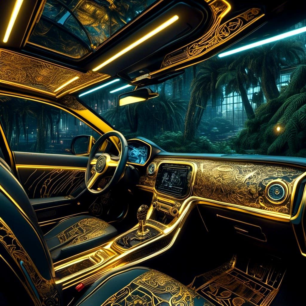 Interior of a black and gold car