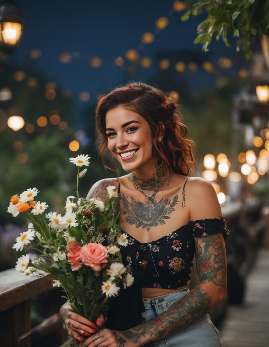 Smiling Pirate Girl Portrait with Floral Tattoos