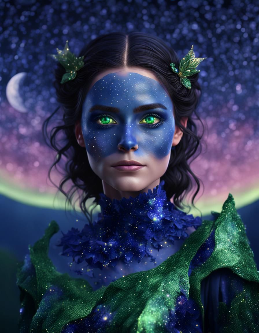 Green Eyes in Starry Indigo Night Sky