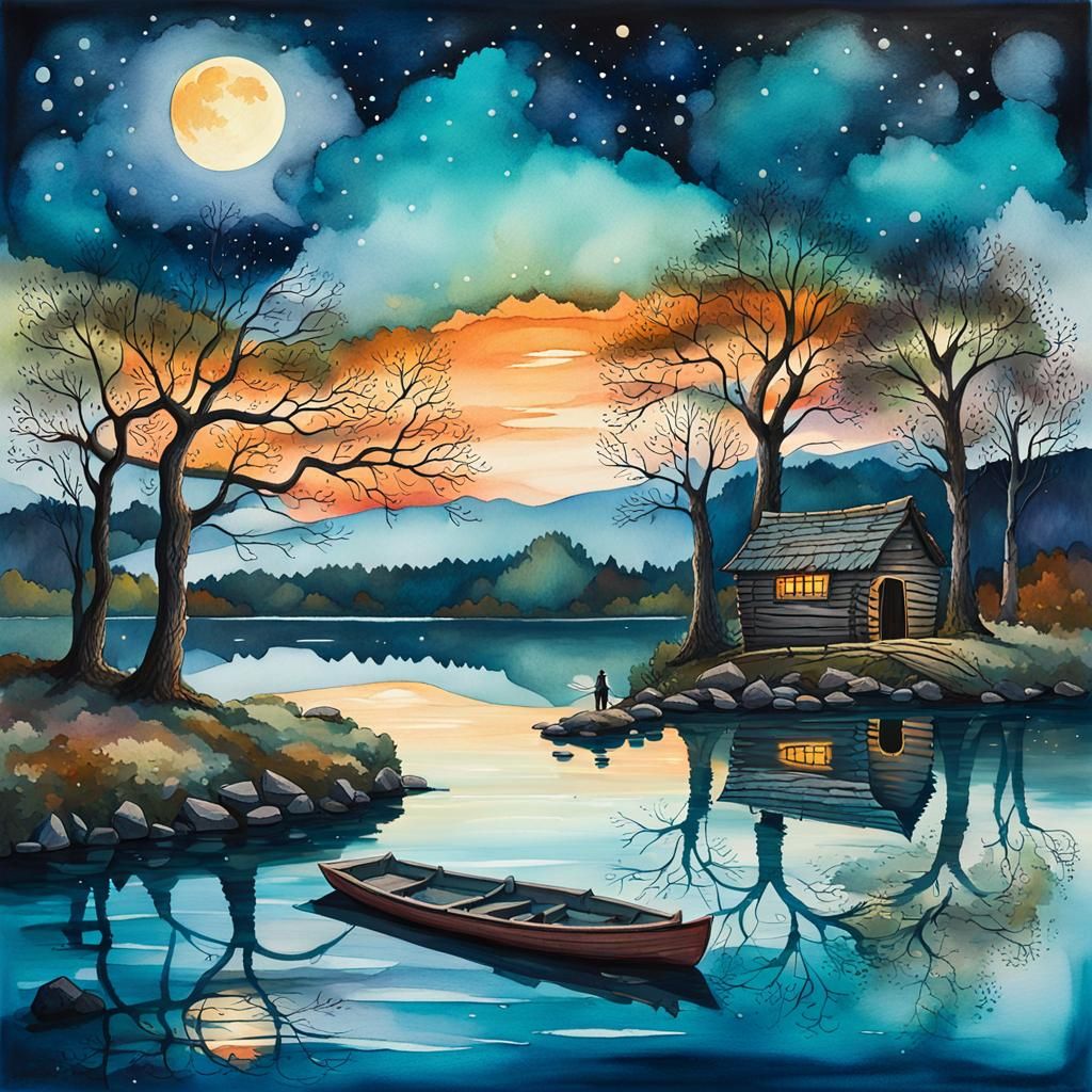 Dreamy Nocturnal Landscape with Moonlit Reflection