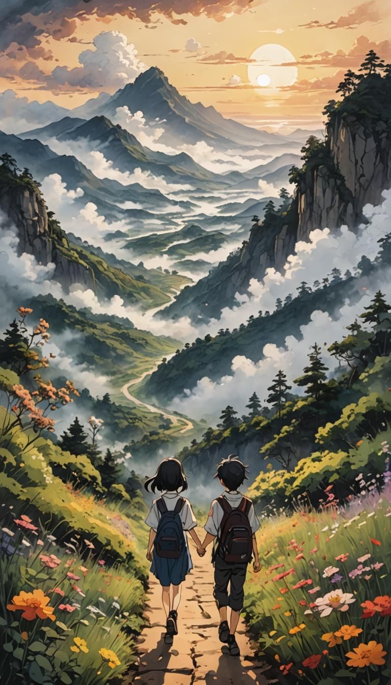 Anime Ink Painting: Siblings' Sunrise Journey
