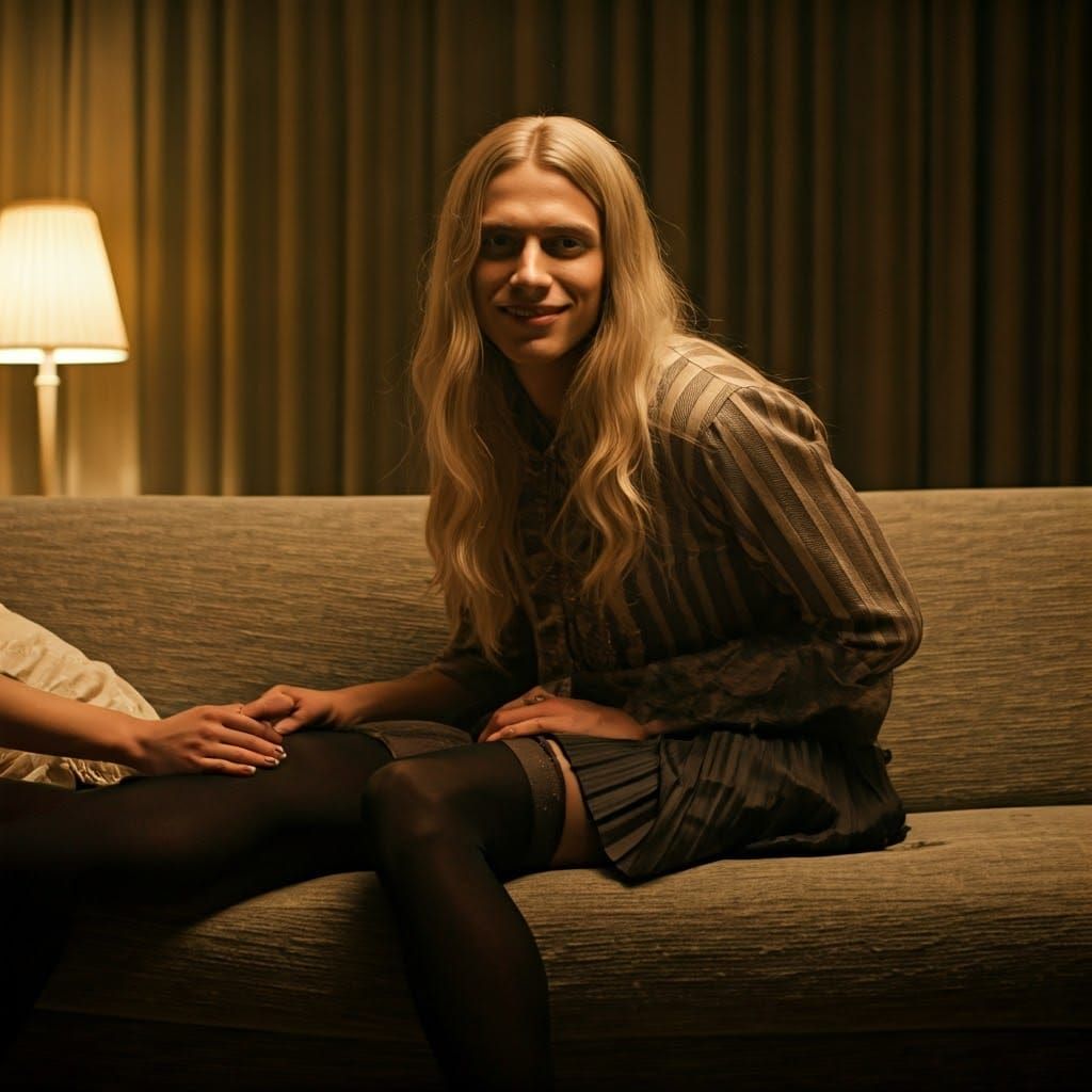 Feminine Blonde Young Man Smiles Tenderly in Cozy Living Roo...