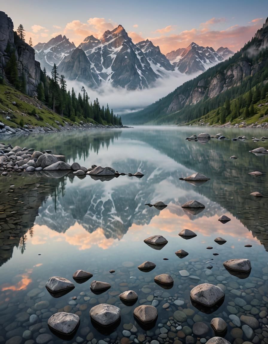 Lakeside Dawn Reflection in Soft Pastel Hues