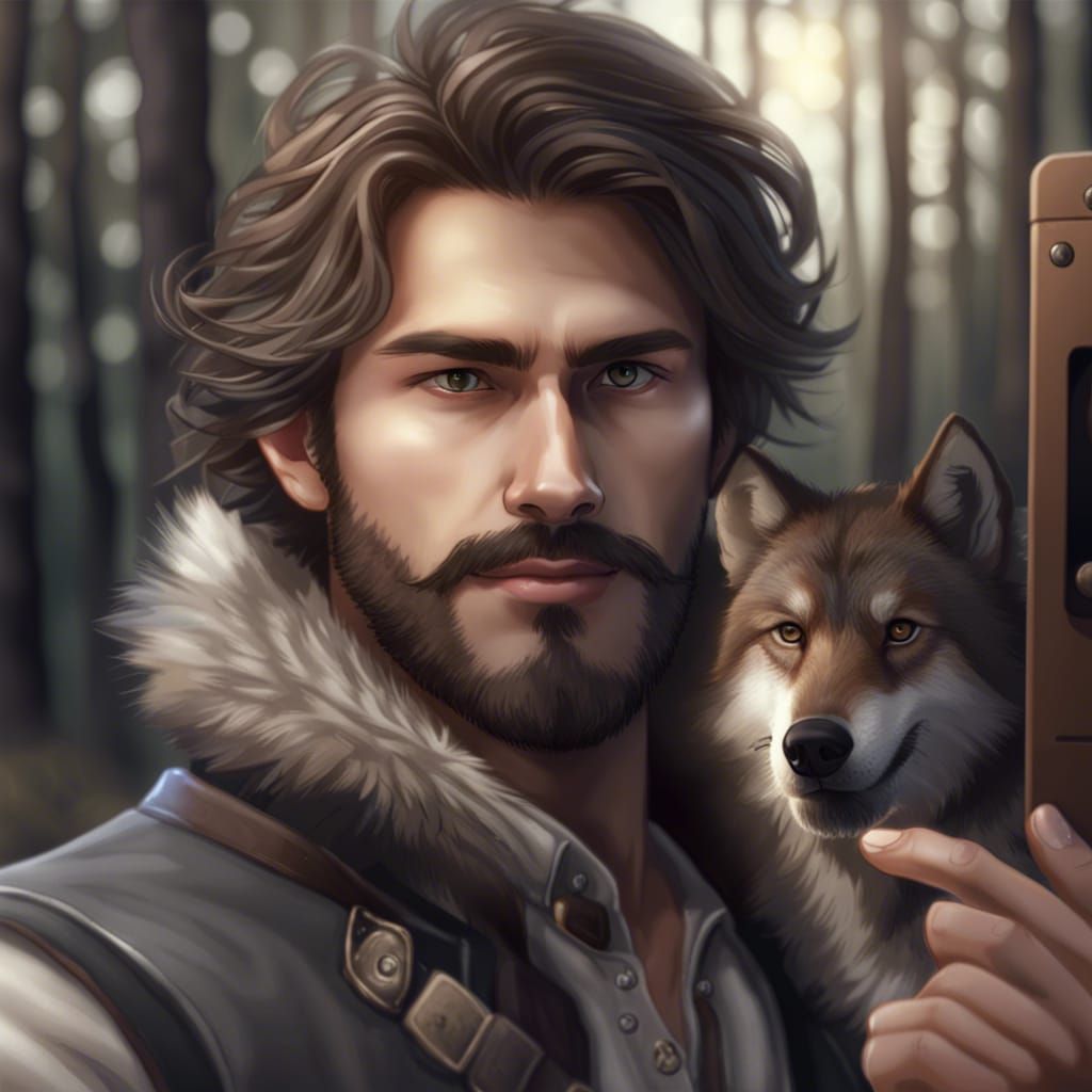 Man Posing for Selfie With Detailed Brown Wolf