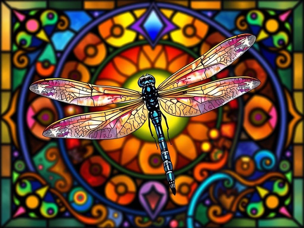 Dragonfly in Stained Glass with Fractal Patterns