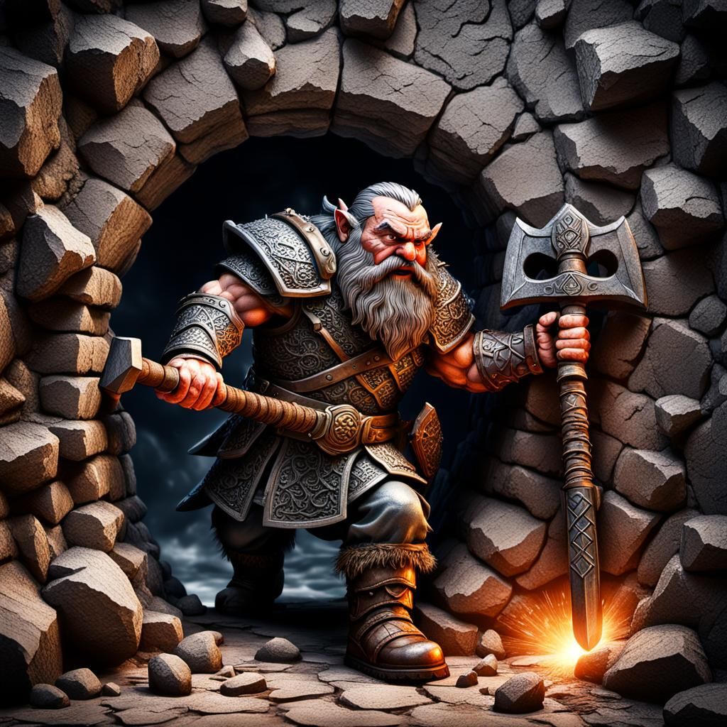 Raging Dwarf Warrior Breaks Through Wall: Hyperrealistic HDR