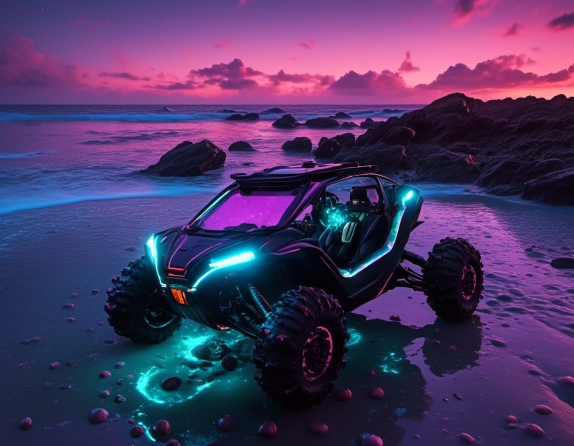 Bioluminescent Ocean Meets Offroad Buggy at Shoreline