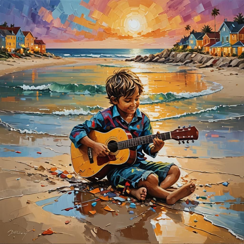 Boy Playing Guitar on Beach in Acrylic Splash Art