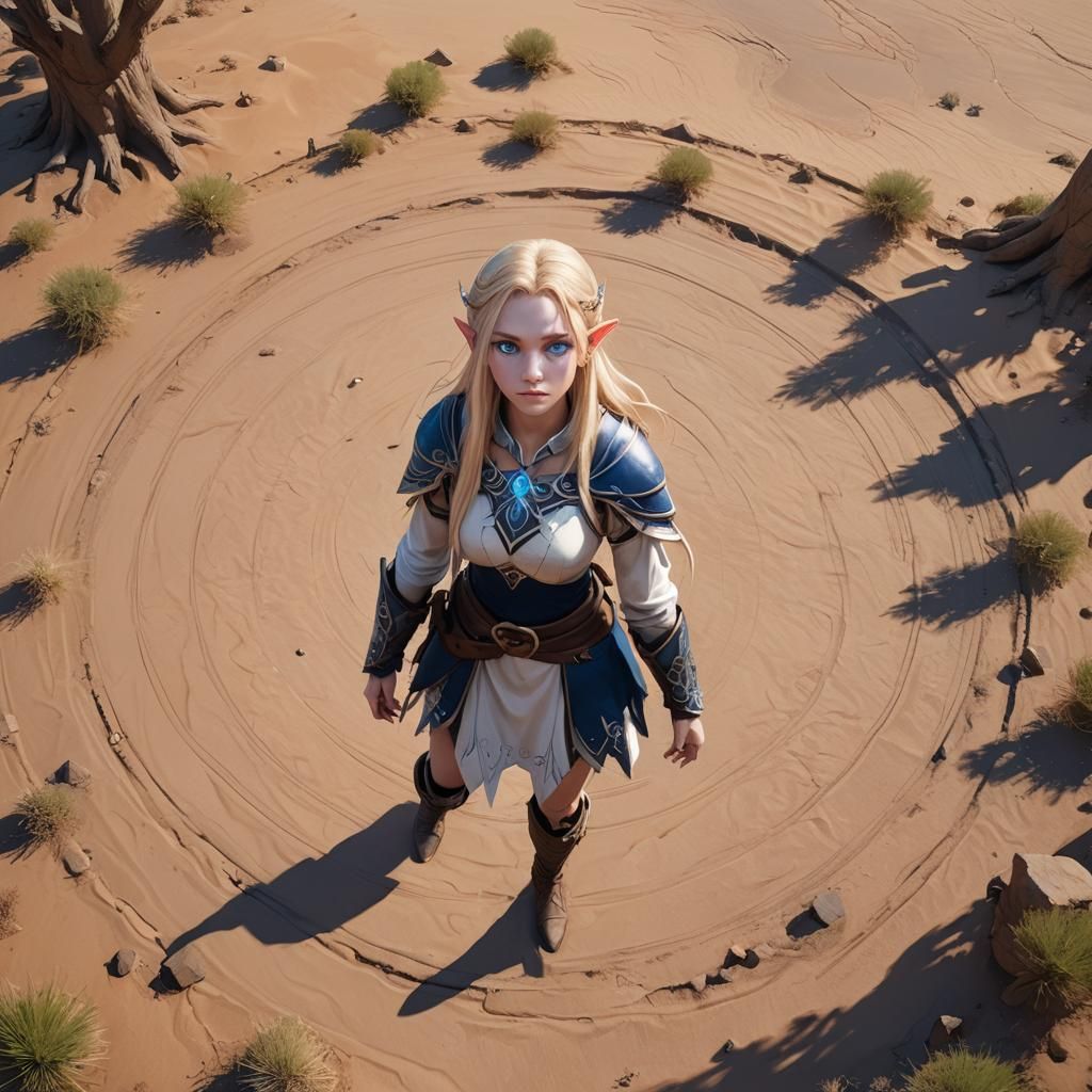 Elf Druid in Desert Landscape: 3D Anime Art