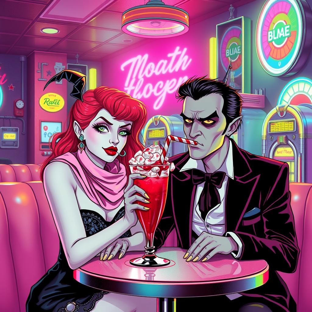 Vampires Sip Blood Float in Retro Cyberpunk Diner
