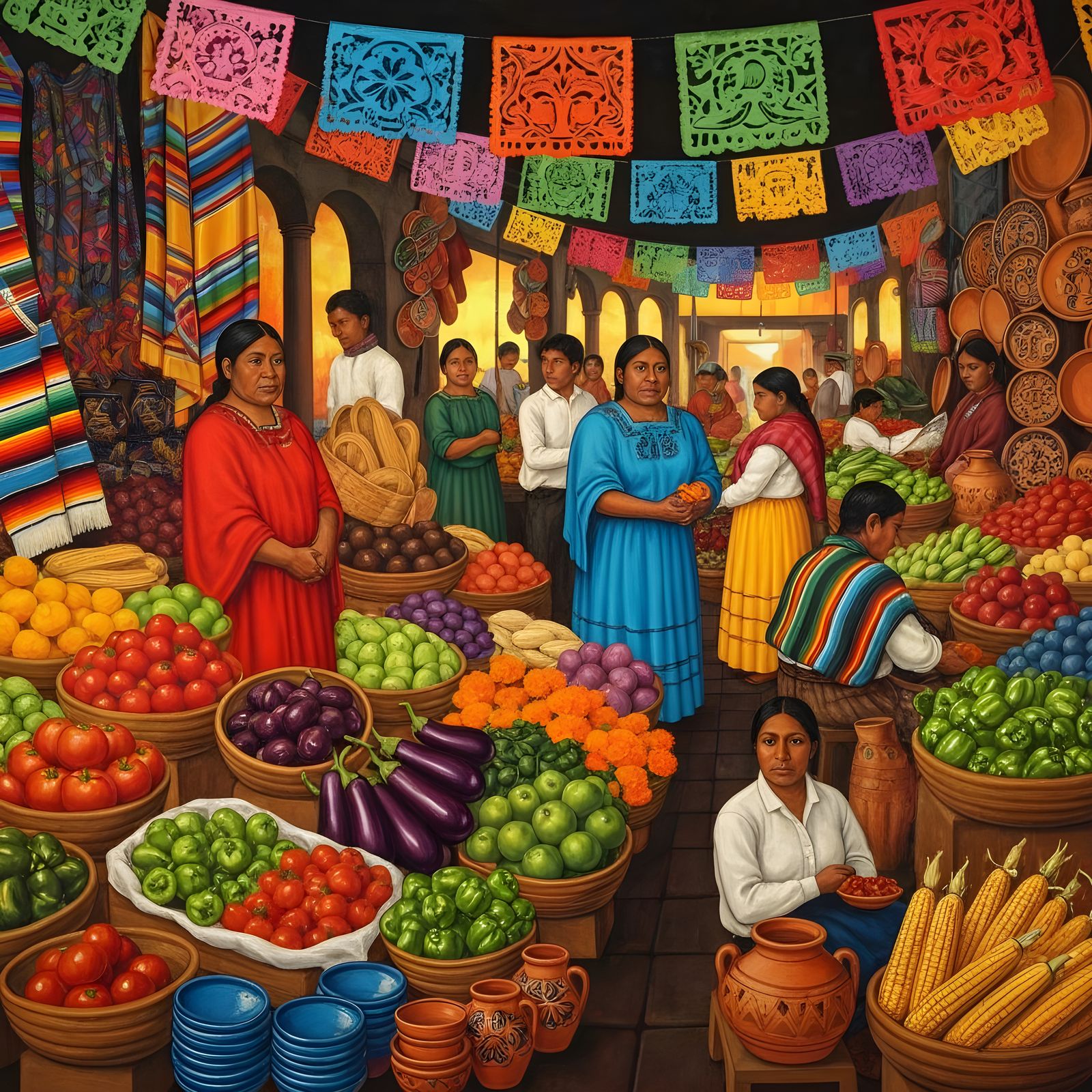 Bustling Marketplace in Diego Rivera Mural Style