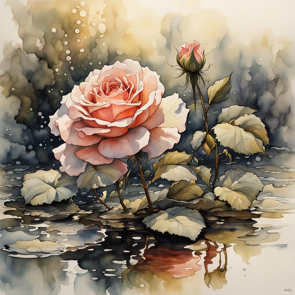 Delicate Rose: Watercolor Painting in Fantasy Style